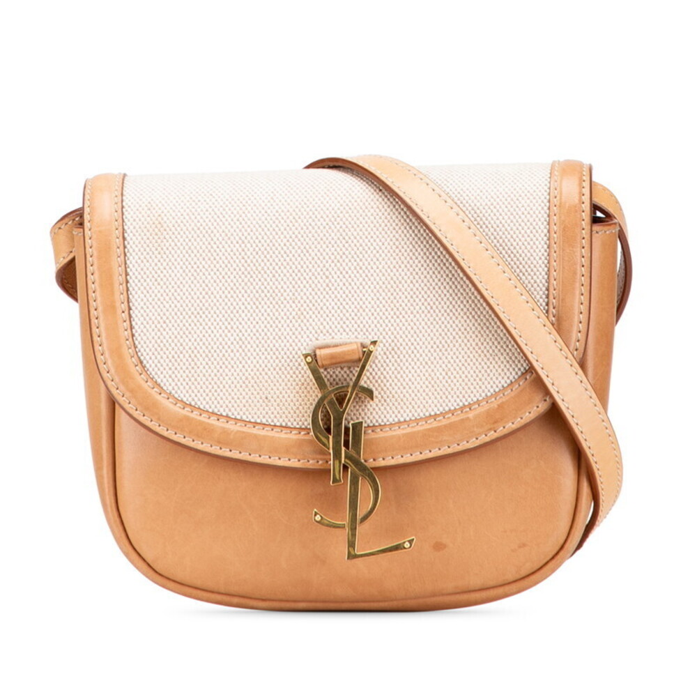 Saint Laurent YSL Logo Kaia Shoulder Bag Beige Pink Tan Brown Canvas Leather